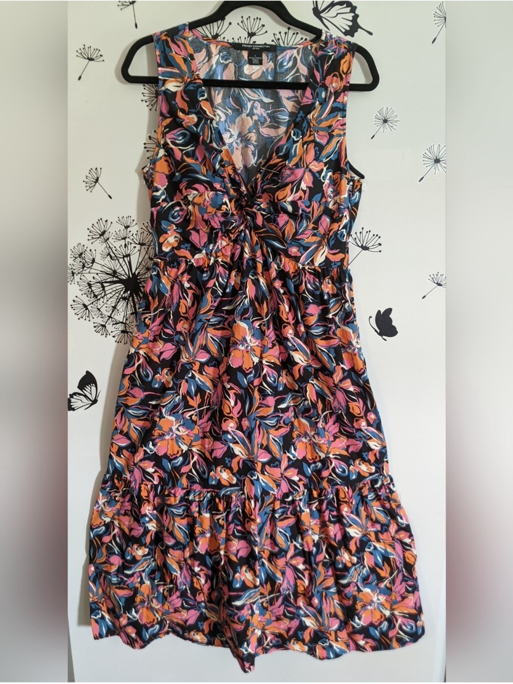 French Connection Black Midi Dress with Pink & Orange Floral